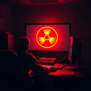 Eine Person betrachtet eine nukleare Warnmeldung auf ihrem Computer, die eine bedrohliche und beängstigende Atmosphäre erzeugt.