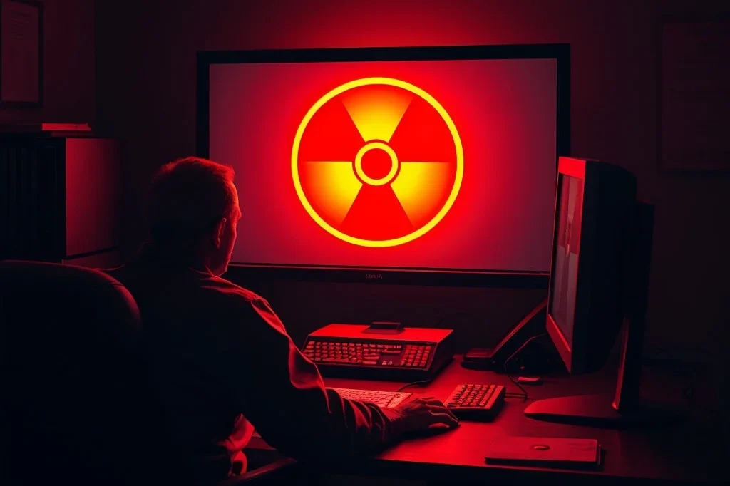 Eine Person betrachtet eine nukleare Warnmeldung auf ihrem Computer, die eine bedrohliche und beängstigende Atmosphäre erzeugt.