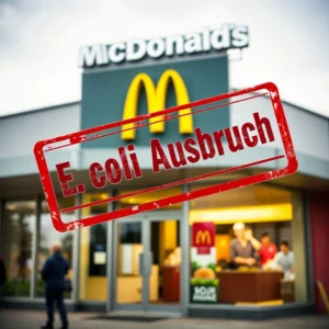 Ein McDonald's mit einem roten Stempel, der anzeigt, dass ein E. coli-Ausbruch gemeldet wurde, wie in einer Nachrichtenmeldung.