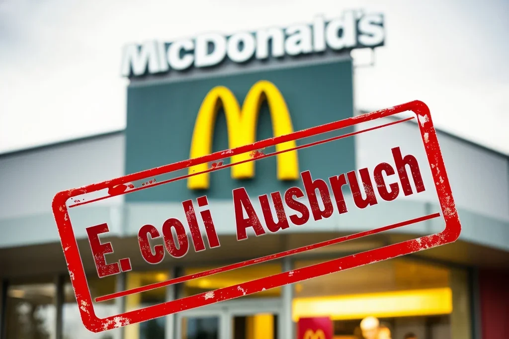Ein McDonald's mit einem roten Stempel, der anzeigt, dass ein E. coli-Ausbruch gemeldet wurde, wie in einer Nachrichtenmeldung.