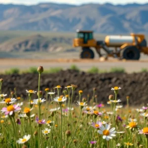 Ein Feld mit Wildblumen in Nevada mit Bergbauausrüstung im Hintergrund.