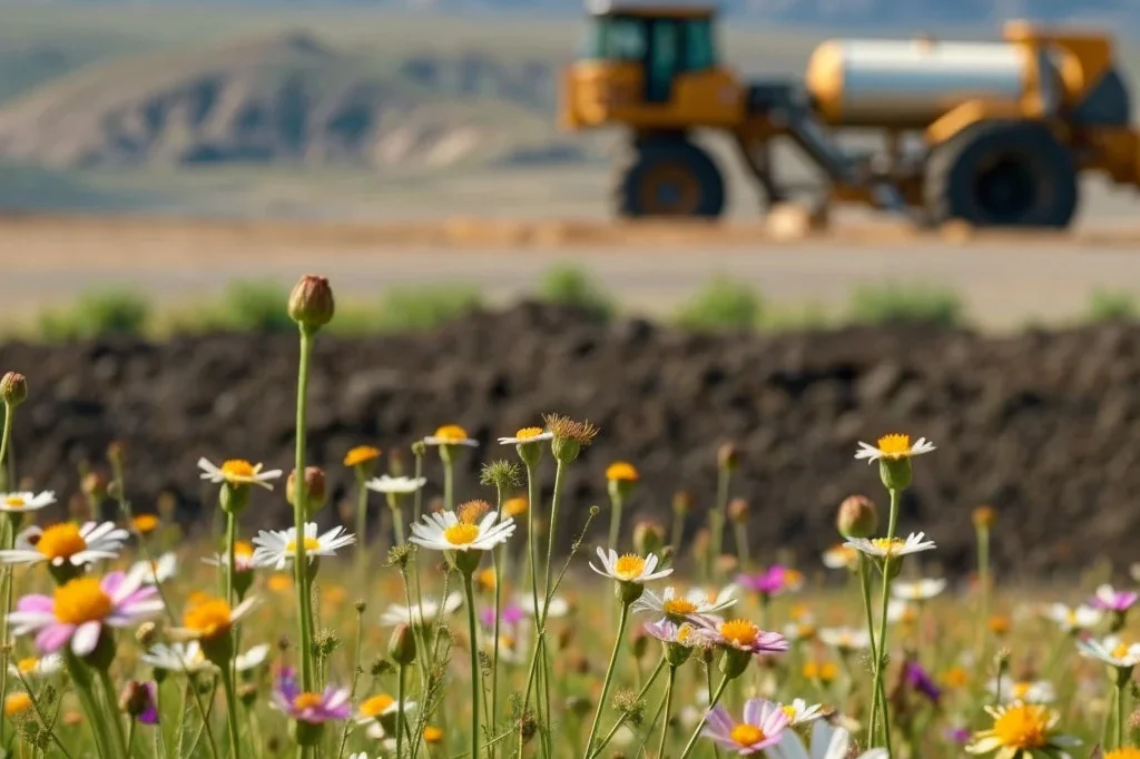 Ein Feld mit Wildblumen in Nevada mit Bergbauausrüstung im Hintergrund.
