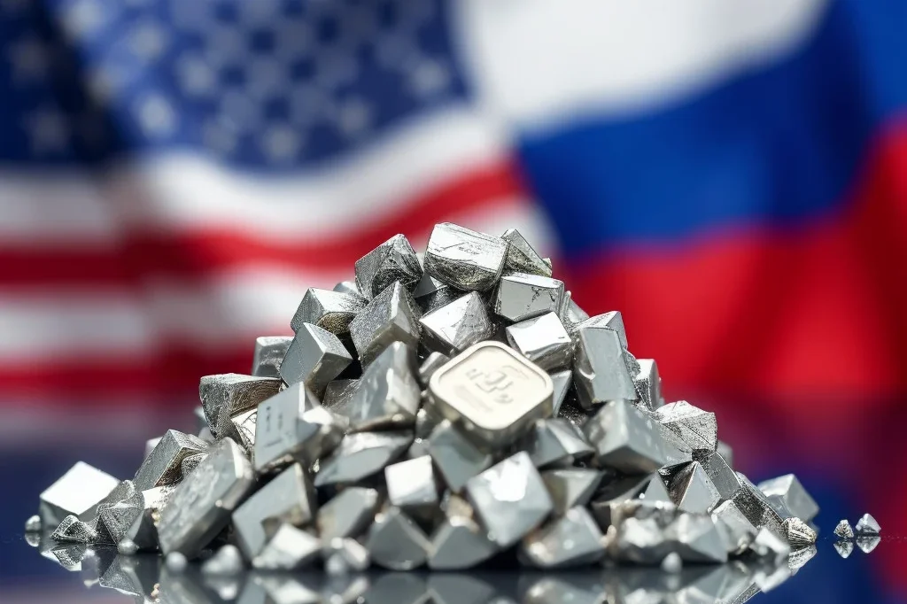 USA- und Russland-Flaggen im Hintergrund mit einem Stapel Palladium und einem Computer, auf dem ein exponentiell wachsender grüner Pfeil zu sehen ist.