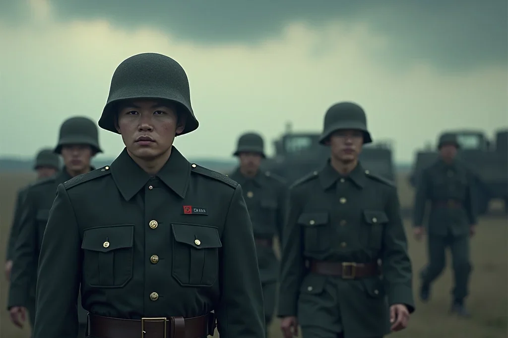 Eine angespannte Szene mit nordkoreanischen Truppen in einer ukrainischen Landschaft.